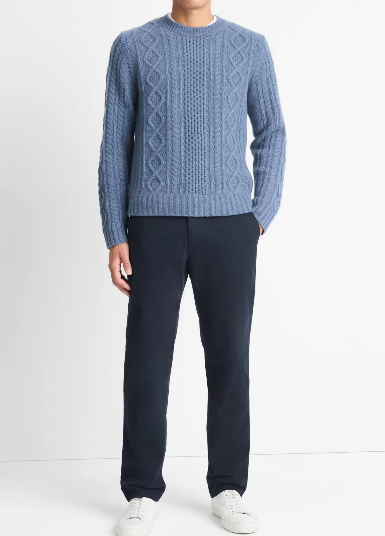 Discount Vince Aran Cable Wool Crew Neck Sweater light belluga blue