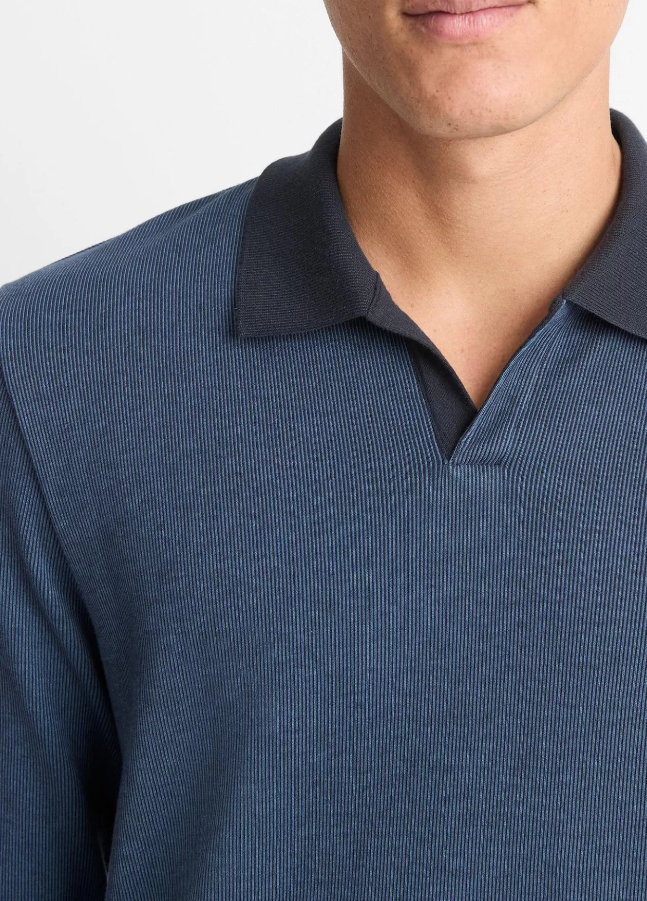 Fashion Vince Bicolor Rib Cotton-Blend Johnny-Collar Shirt beluga blue/coastal