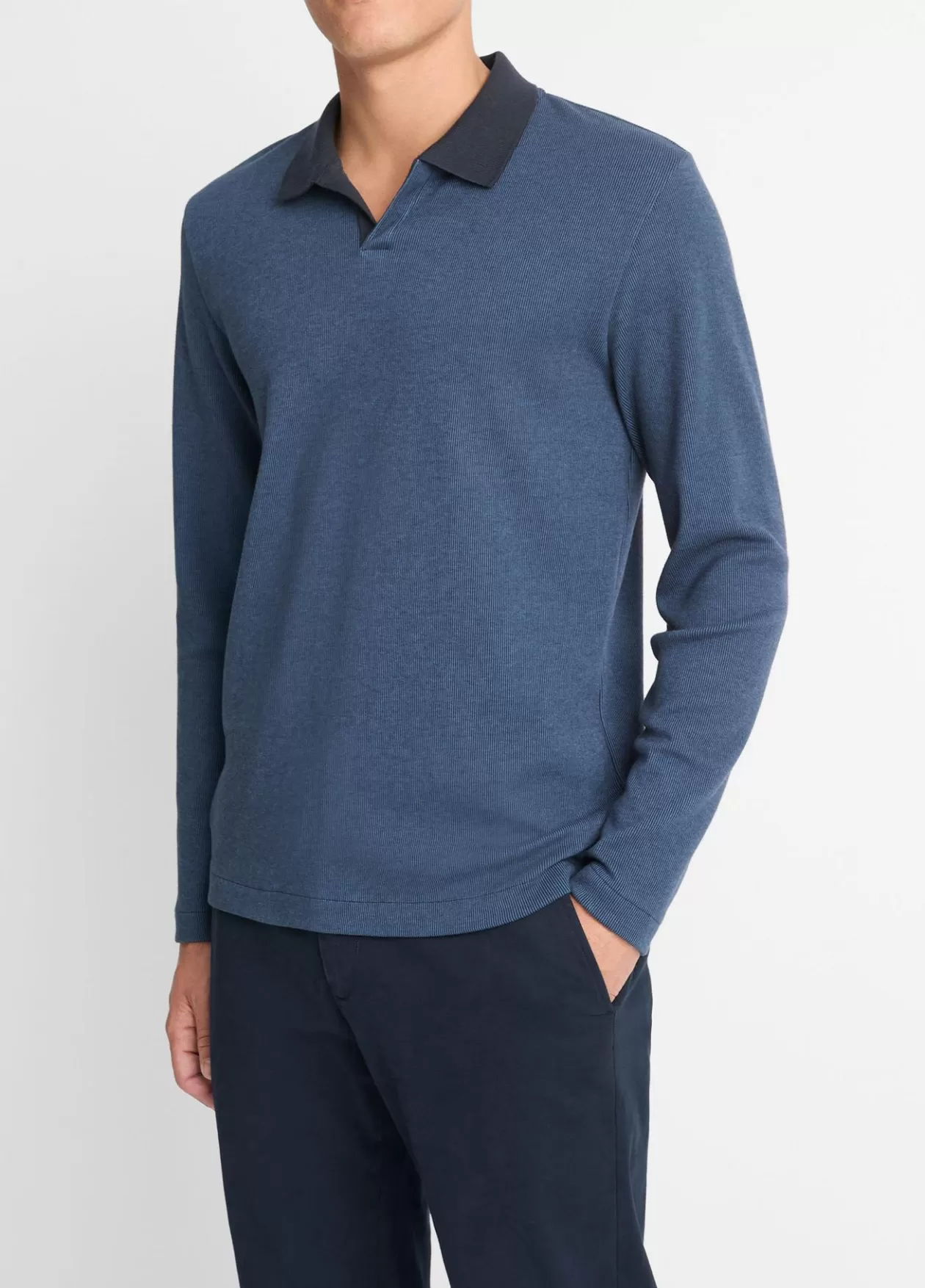 Fashion Vince Bicolor Rib Cotton-Blend Johnny-Collar Shirt beluga blue/coastal