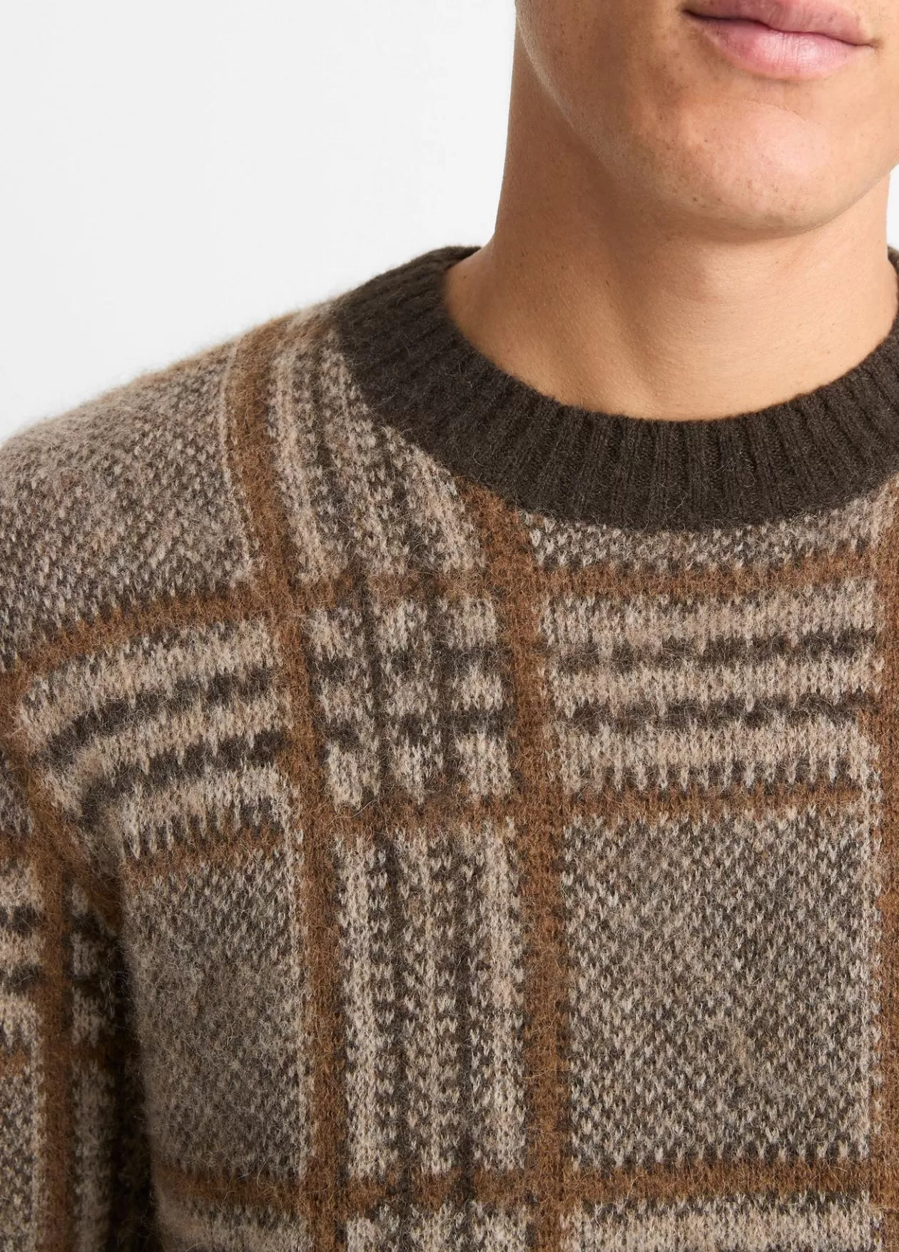 New Vince Brushed Glen Plaid Crew Neck Sweater bristle khaki combo