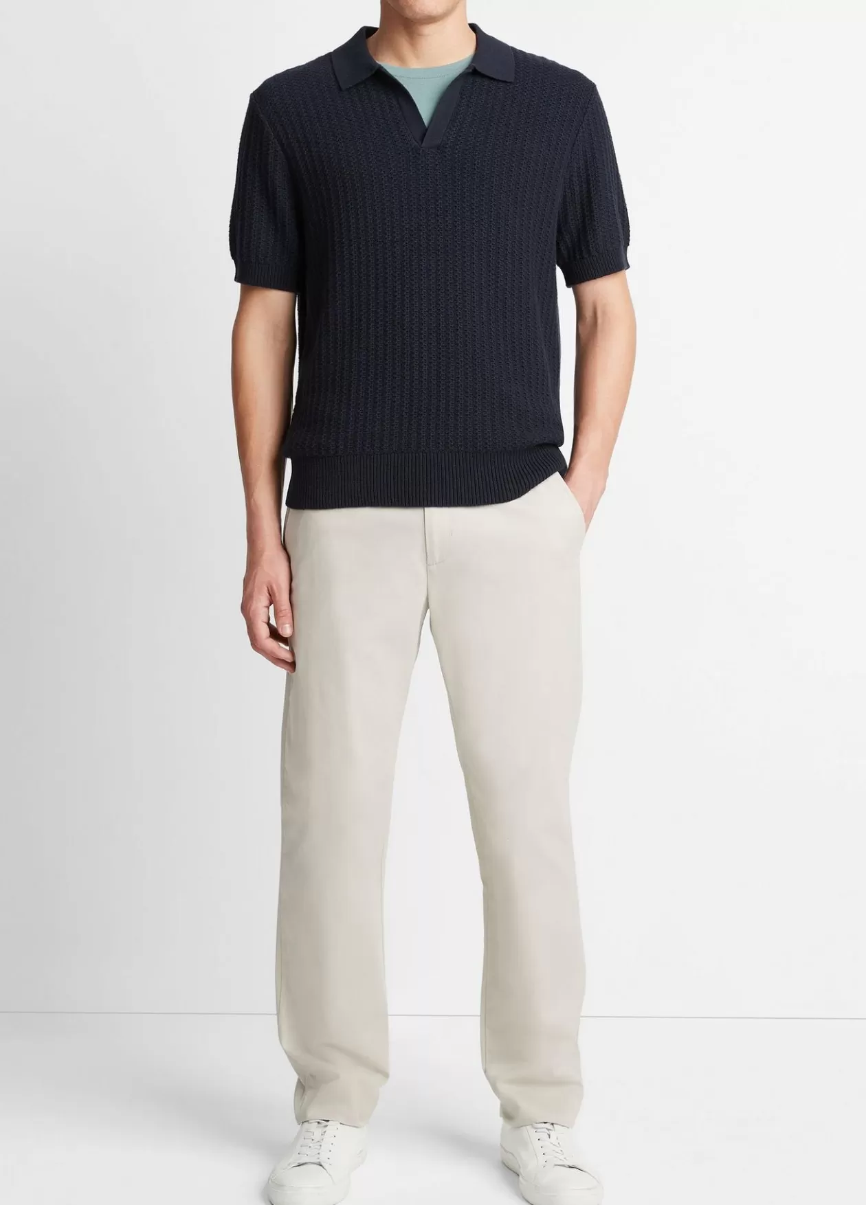 New Vince Crafted Rib Cotton-Cashmere Johnny Collar Sweater coastal blue