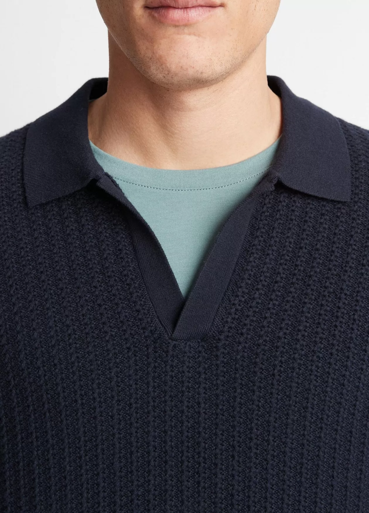 New Vince Crafted Rib Cotton-Cashmere Johnny Collar Sweater coastal blue