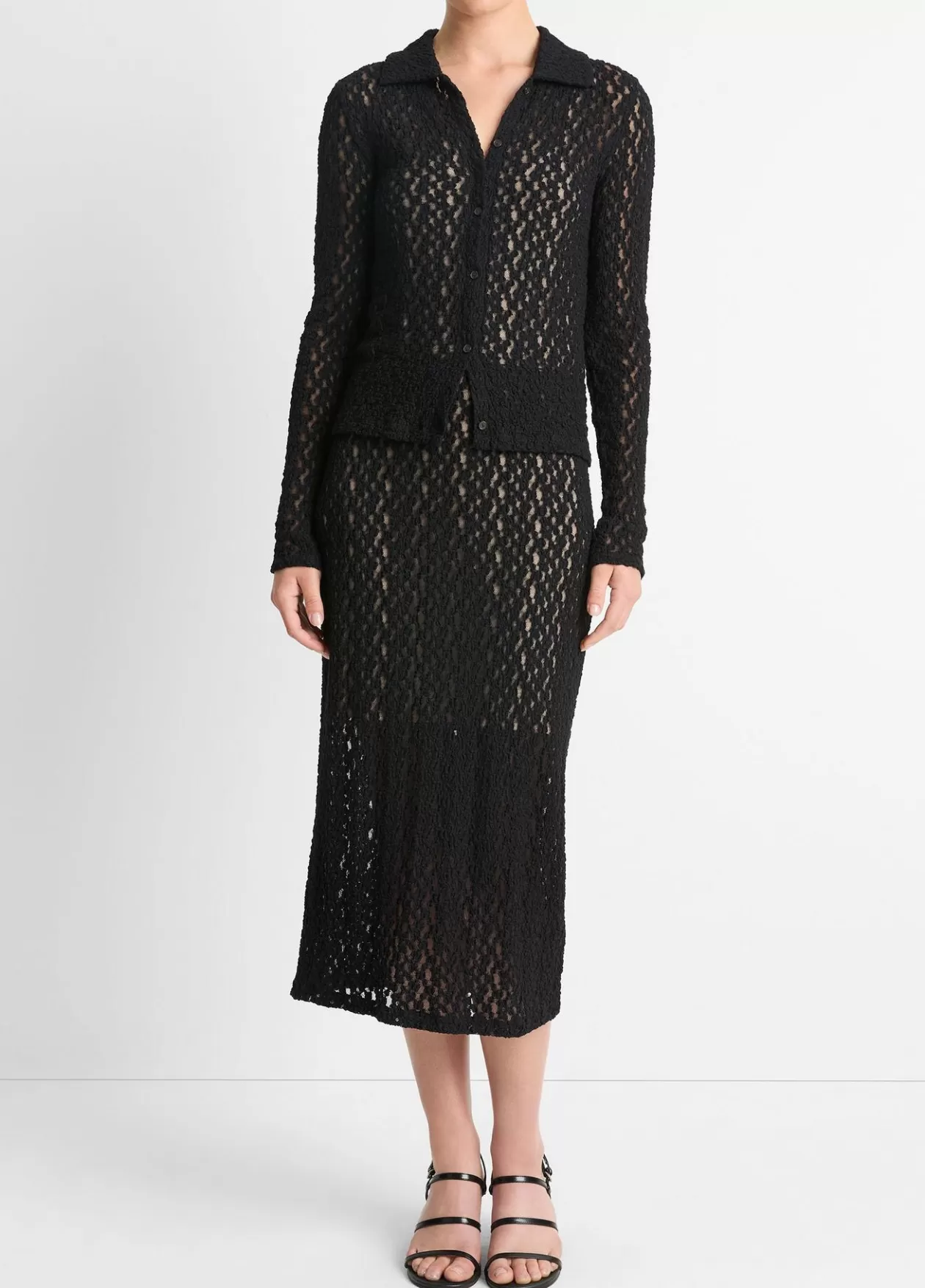 New Vince Floral Smocked Long-Sleeve Button-Up Top black