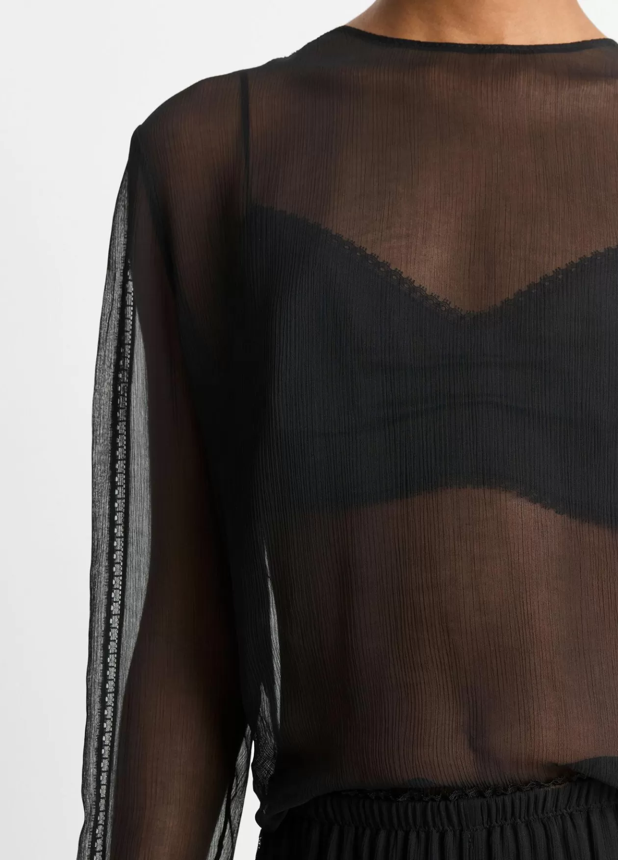 Hot Vince Lace-Trim Sheer Chiffon Top black