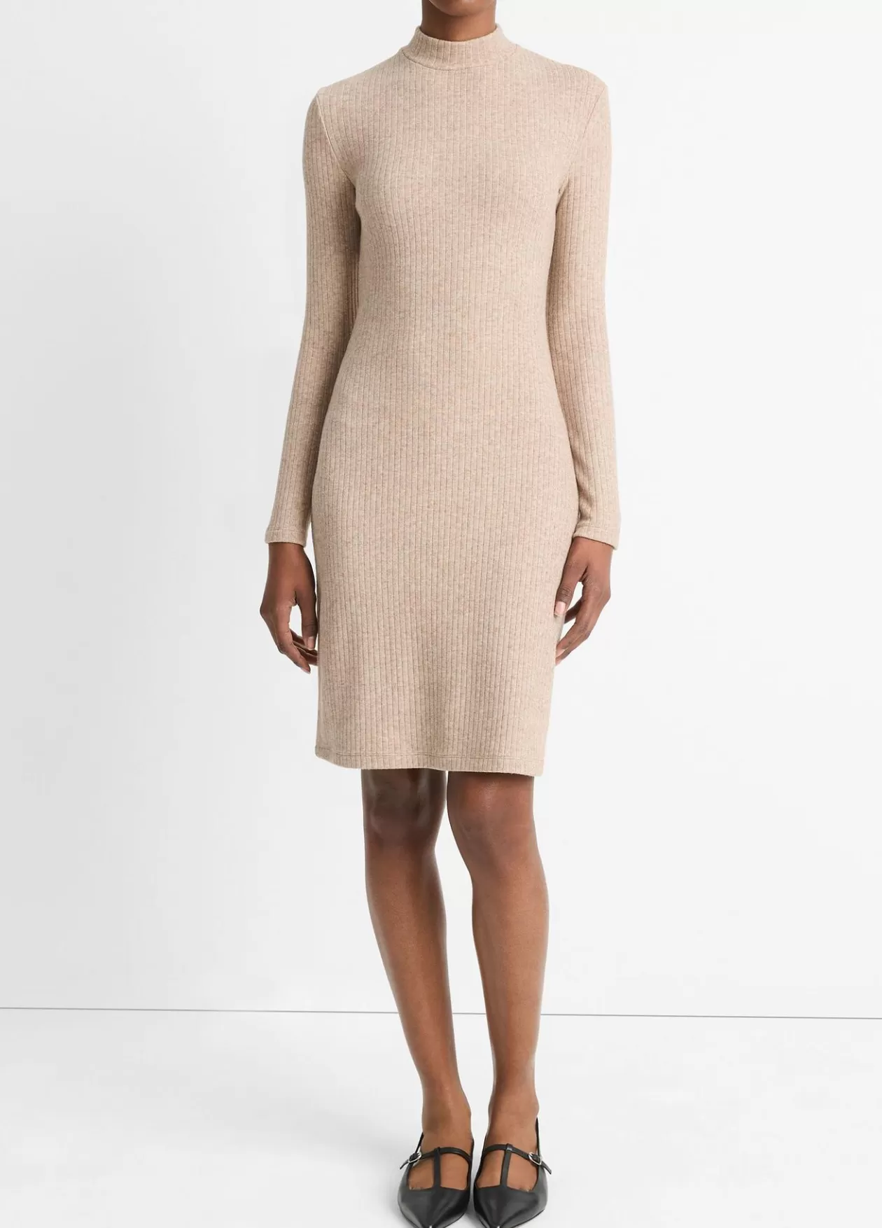 New Vince Ribbed Long-Sleeve Short Dress heather hazel cream