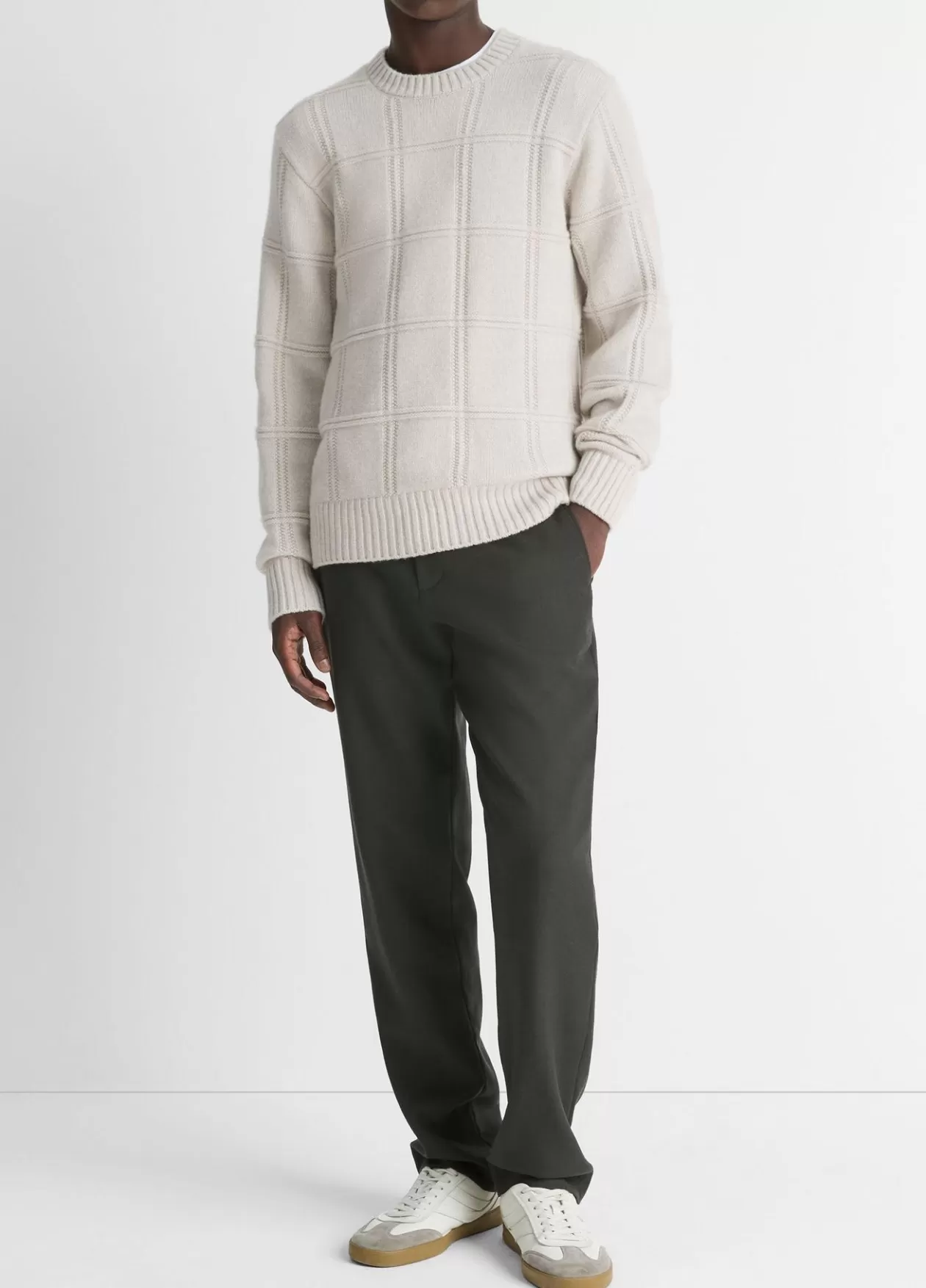 Discount Vince Seed-Stitch Windowpane Wool Sweater heather sheep
