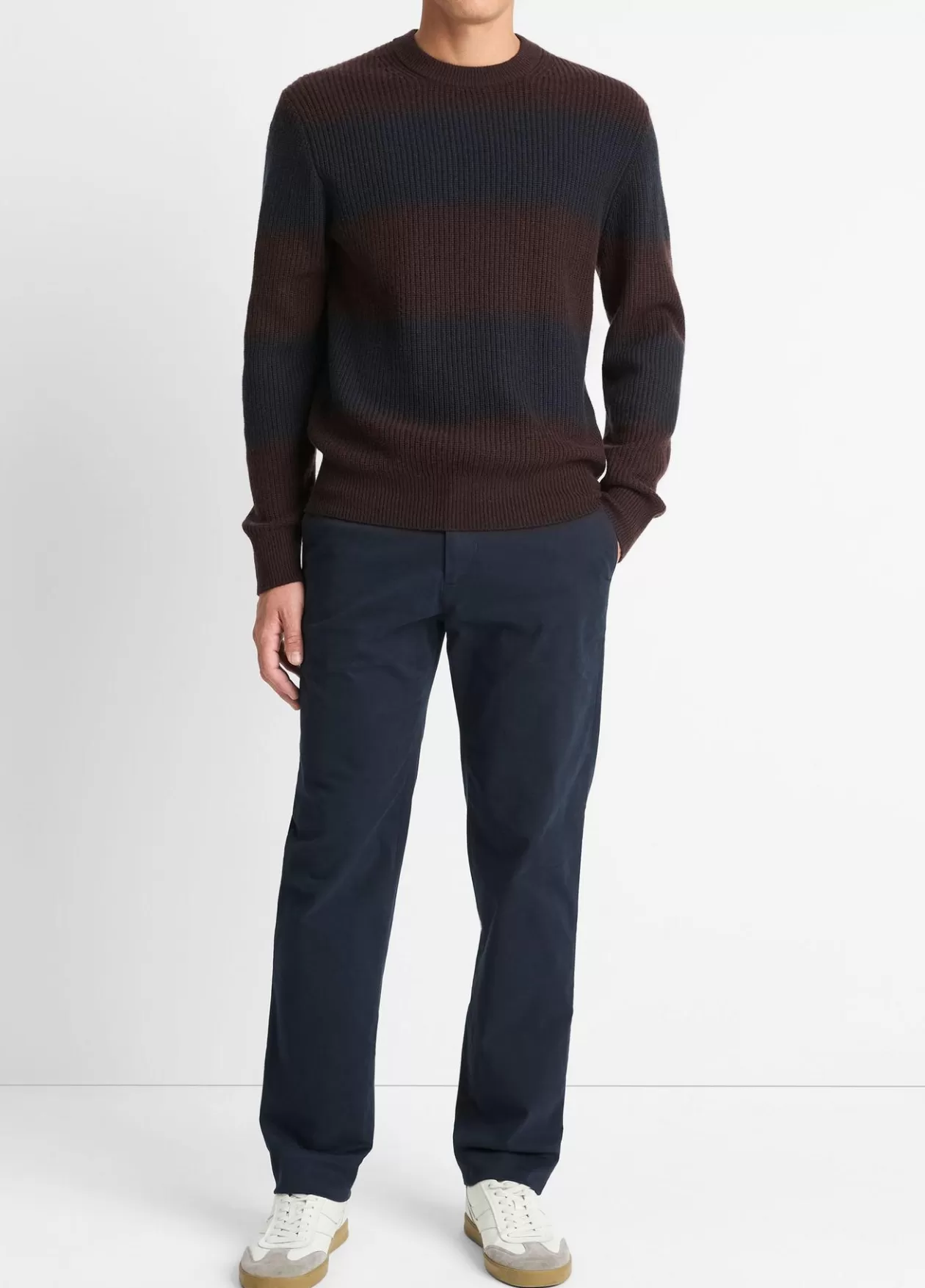 New Vince Striped Shaker-Stitch Wool-Cashmere Sweater oxblood/coastal blue