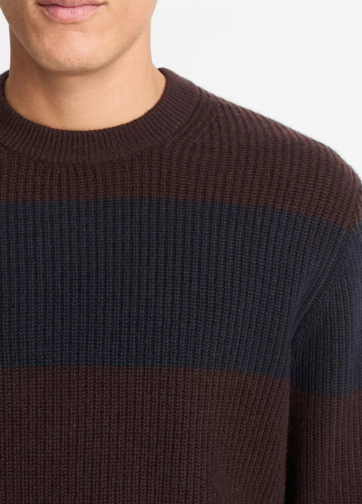 New Vince Striped Shaker-Stitch Wool-Cashmere Sweater oxblood/coastal blue