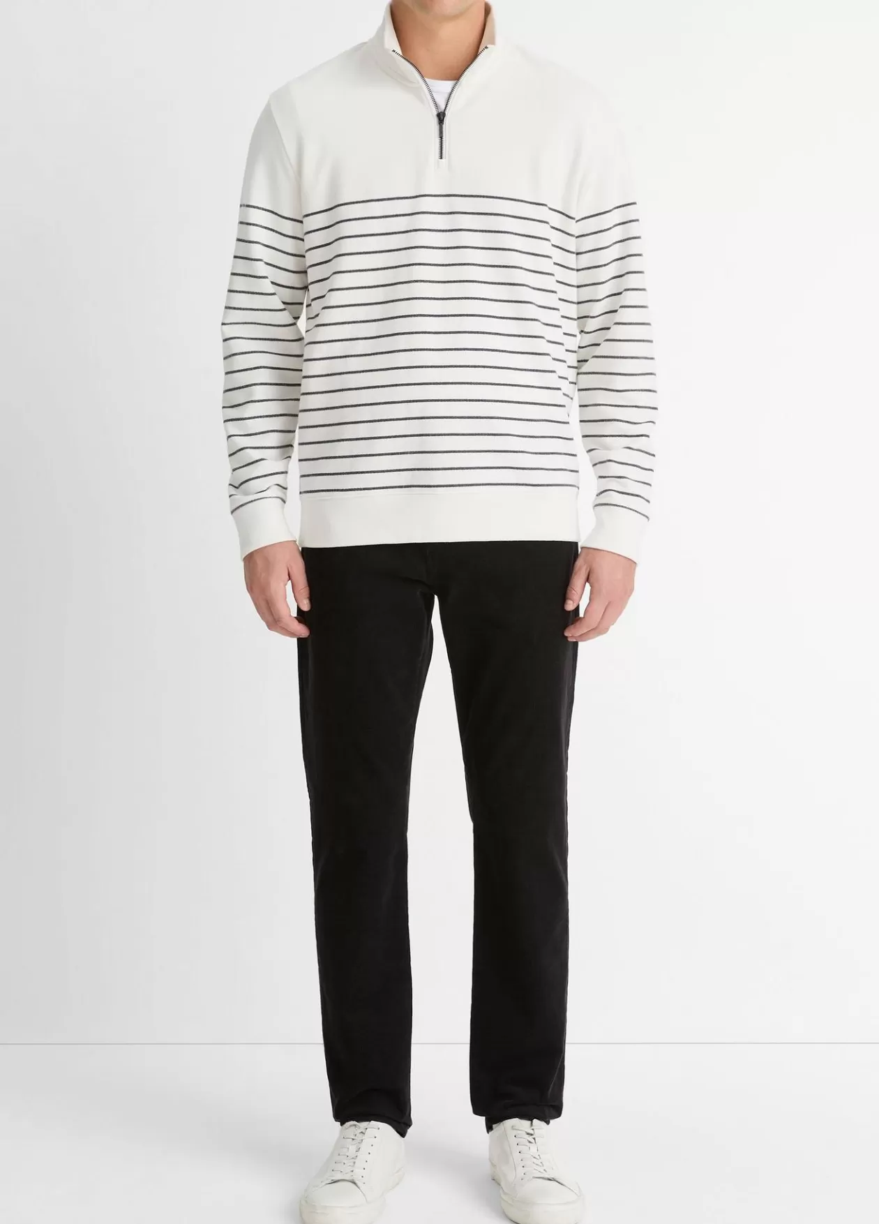 Discount Vince Striped Sueded Cotton Quarter-Zip Pullover off white/stormy night
