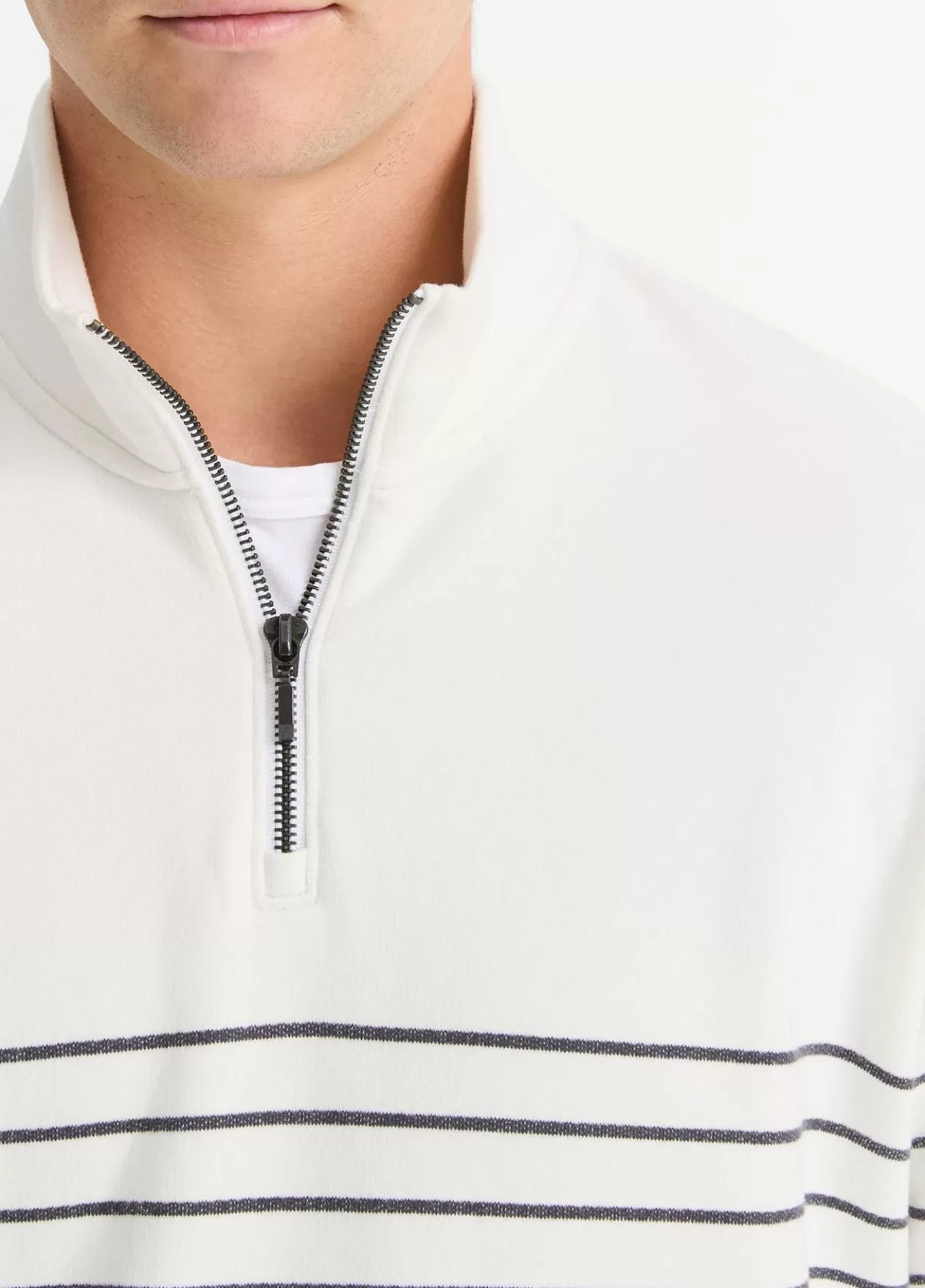 Discount Vince Striped Sueded Cotton Quarter-Zip Pullover off white/stormy night
